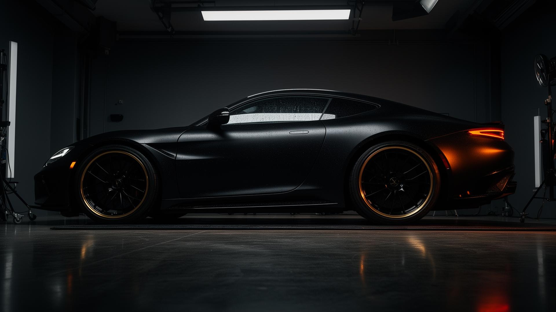 Matte black luxury car in detailing studio